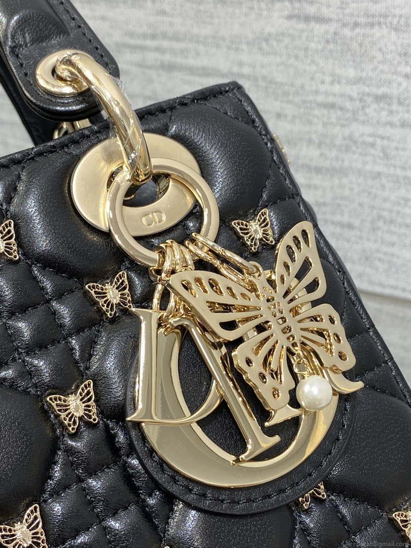 Dior M0531 Small Lady Dior Bag Black Cannage Lambskin with Gold-Finish Butterfly Studs