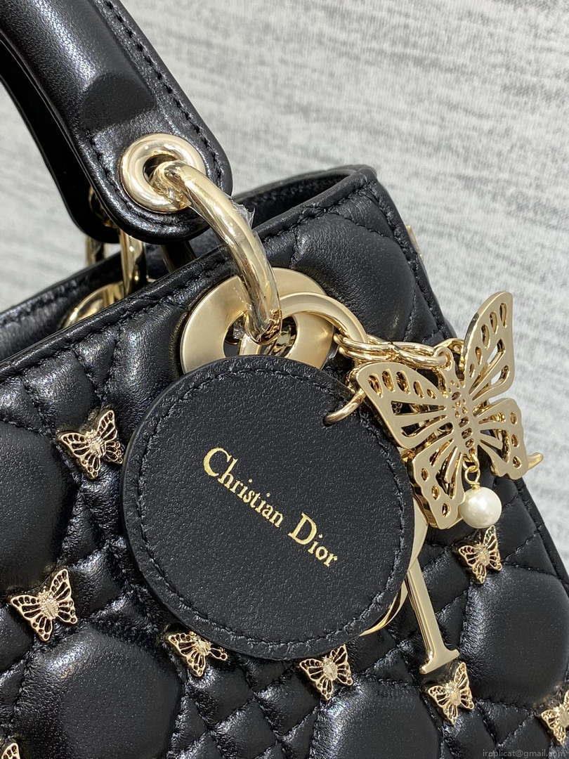 Dior M0531 Small Lady Dior Bag Black Cannage Lambskin with Gold-Finish Butterfly Studs