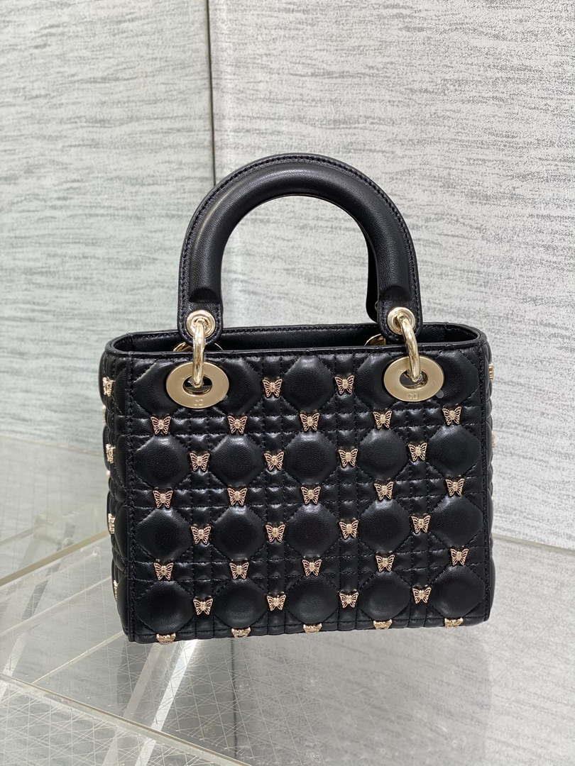 Dior M0531 Small Lady Dior Bag Black Cannage Lambskin with Gold-Finish Butterfly Studs