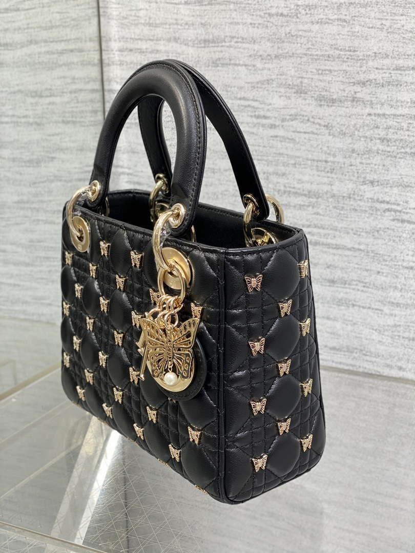 Dior M0531 Small Lady Dior Bag Black Cannage Lambskin with Gold-Finish Butterfly Studs
