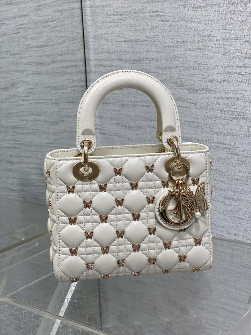 Dior M0531 Small Lady Dior Bag White Cannage Lambskin with Gold-Finish Butterfly Studs