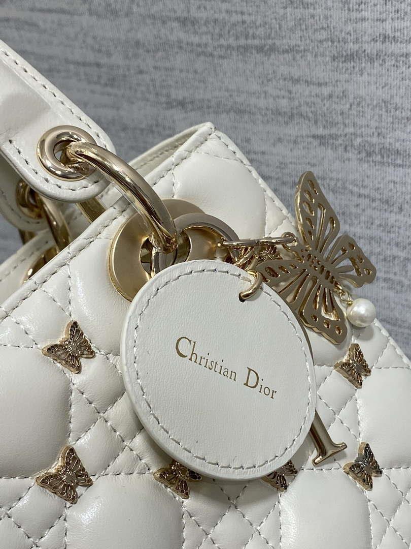 Dior M0531 Small Lady Dior Bag White Cannage Lambskin with Gold-Finish Butterfly Studs