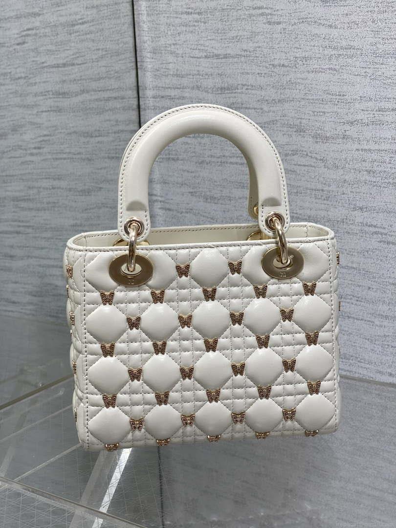 Dior M0531 Small Lady Dior Bag White Cannage Lambskin with Gold-Finish Butterfly Studs