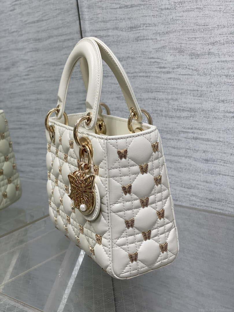Dior M0531 Small Lady Dior Bag White Cannage Lambskin with Gold-Finish Butterfly Studs