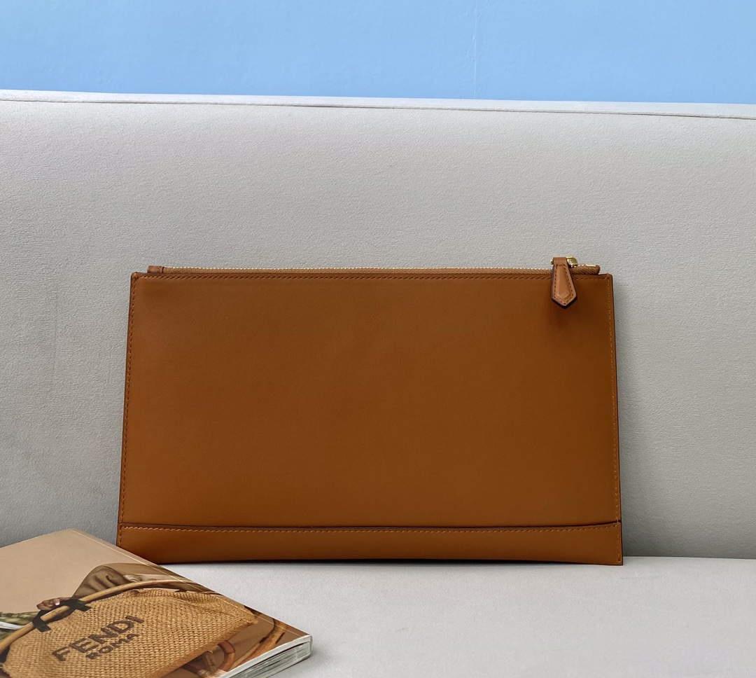 Fendi 8N0178AC9S Fendi logo flat pouch clutch 8370S Tan