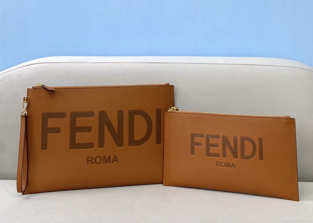 Fendi 8N0178AC9S Fendi logo flat pouch clutch 8370S Tan