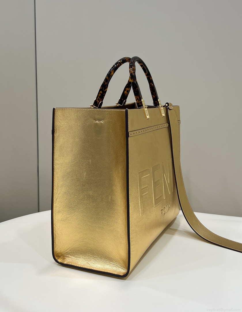 Fendi 8553 Sunshine Medium Tote Shoulder Bag 8BH386 Gold Laminated leather shopper