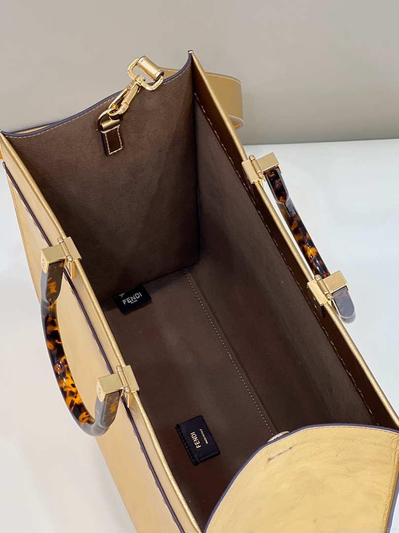 Fendi 8553 Sunshine Medium Tote Shoulder Bag 8BH386 Gold Laminated leather shopper