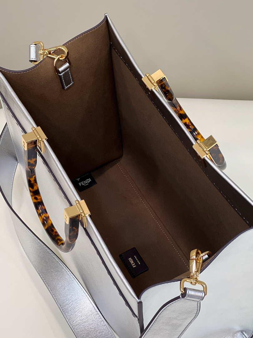 Fendi 8553 Sunshine Medium Bag 8BH386 Silver Laminated leather shopper