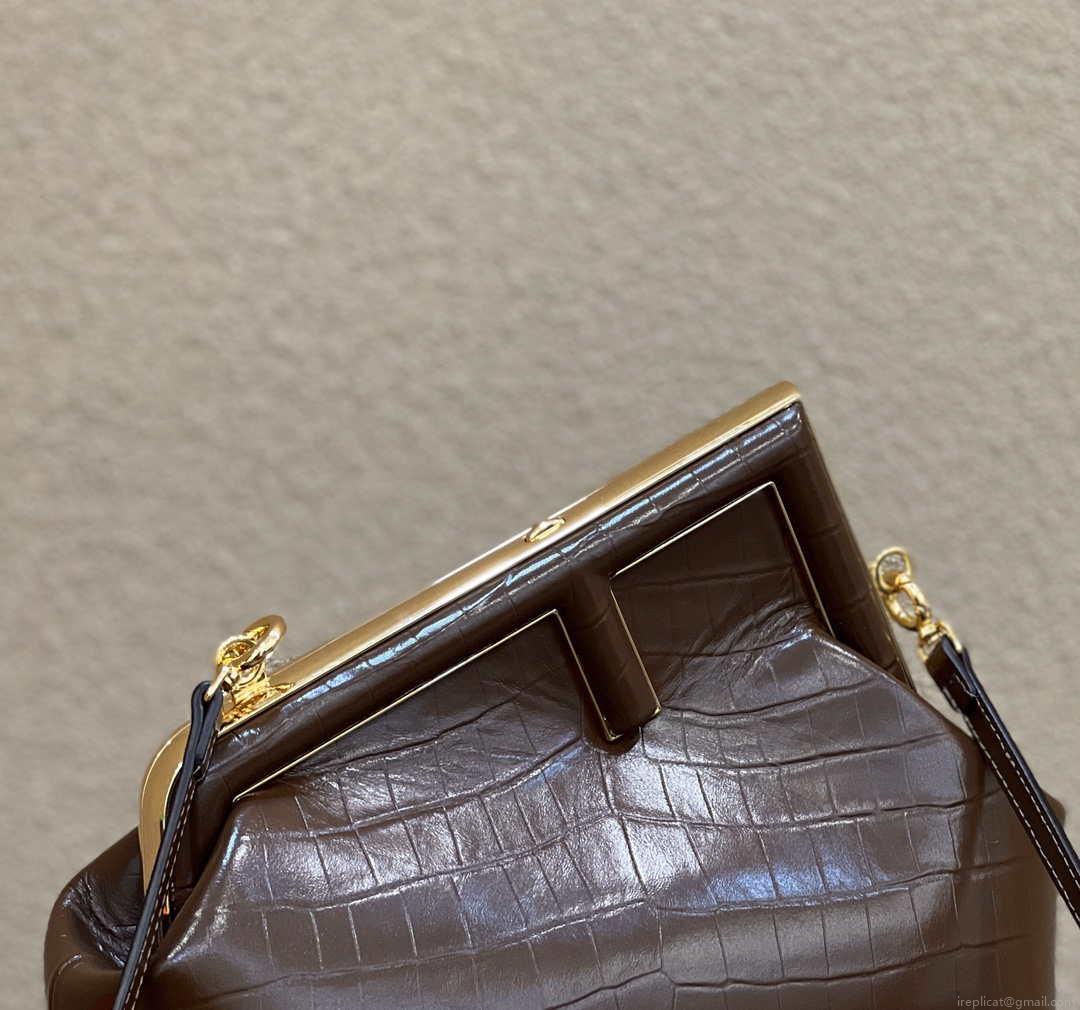 Fendi 8BP129 First Small Crocodile leather bag Dark Brown 80018M