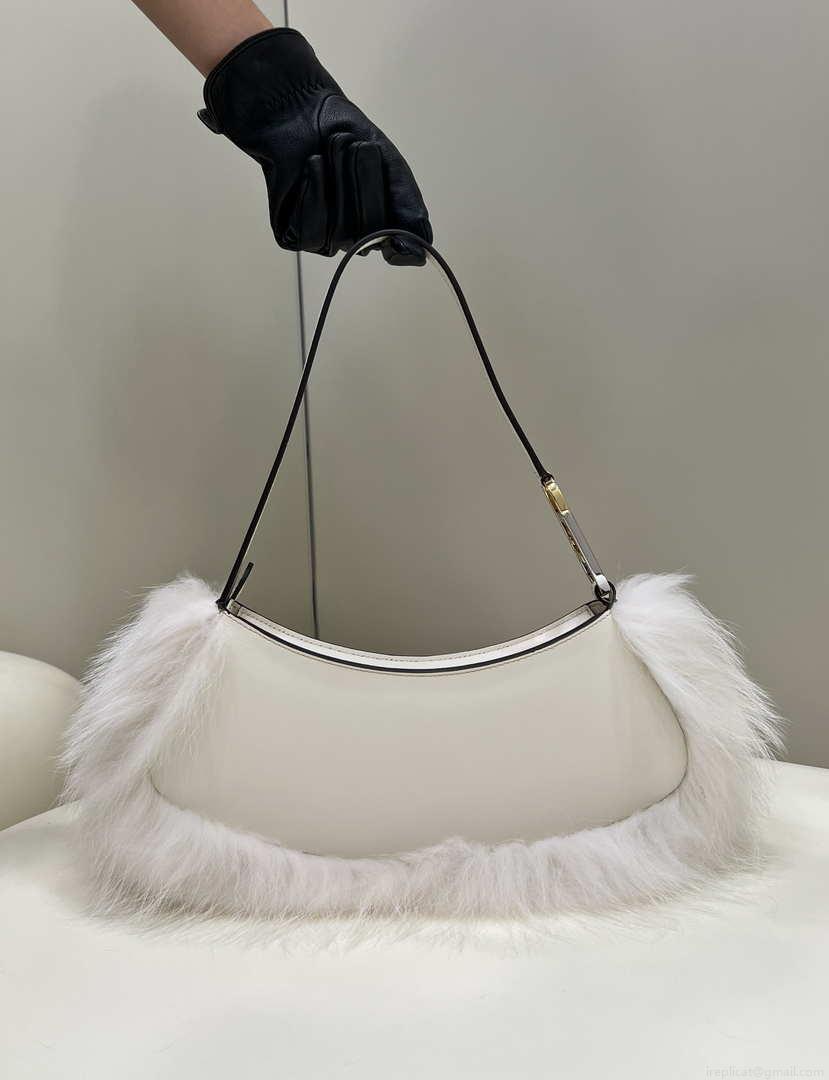 Fendi 8BS068ALS9F1IVS O’Lock Swing Camellia leather and fox fur pouch 8573 White