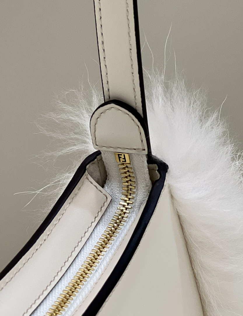 Fendi 8BS068ALS9F1IVS O’Lock Swing Camellia leather and fox fur pouch 8573 White
