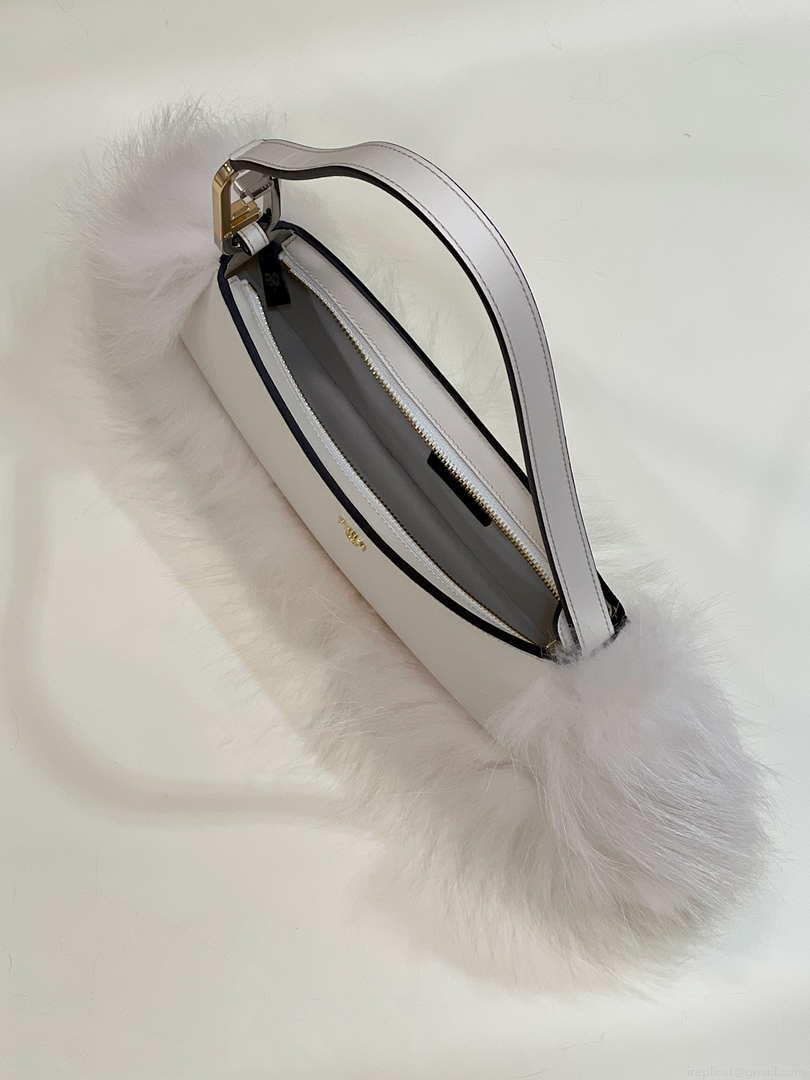 Fendi 8BS068ALS9F1IVS O’Lock Swing Camellia leather and fox fur pouch 8573 White