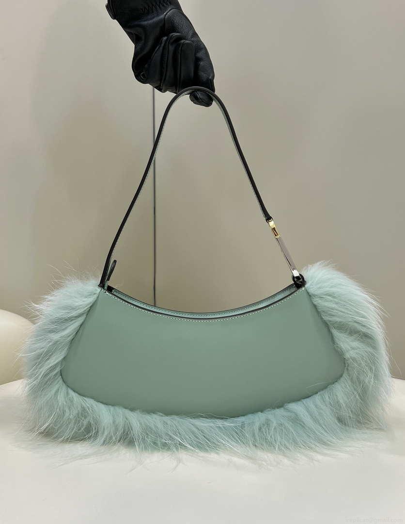 Fendi 8BS068ALS9F1IVT O’Lock Swing Green leather and fox fur pouch 8573