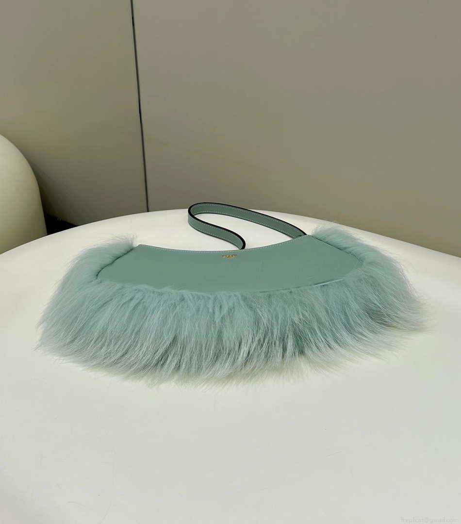 Fendi 8BS068ALS9F1IVT O’Lock Swing Green leather and fox fur pouch 8573