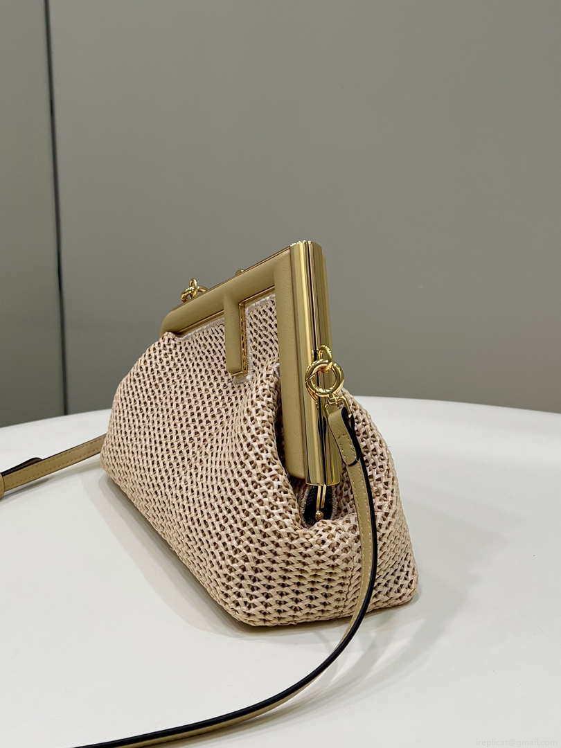 Fendi 8BP129 Fendi First Small Beige raffia macrame bag Apricot