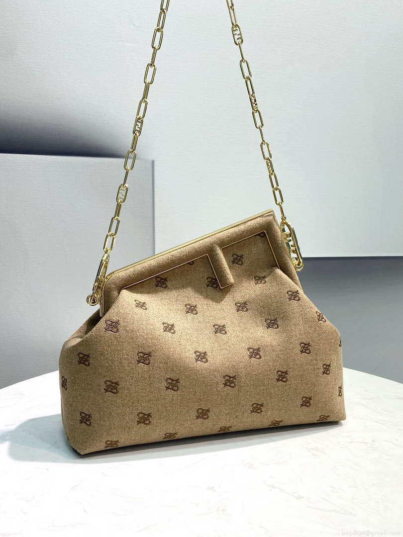 Fendi 8BP127 Fendi First Medium Beige flannel bag with embroidery
