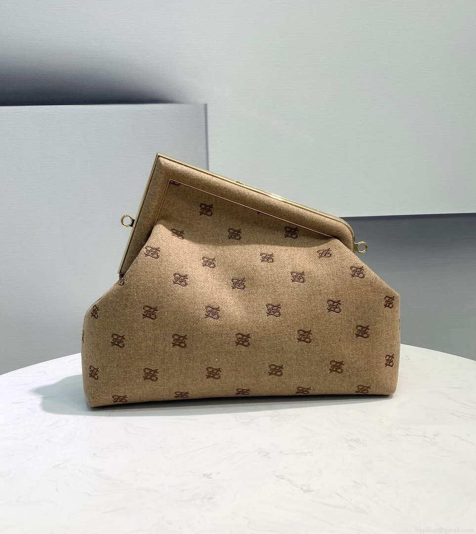 Fendi 8BP127 Fendi First Medium Beige flannel bag with embroidery