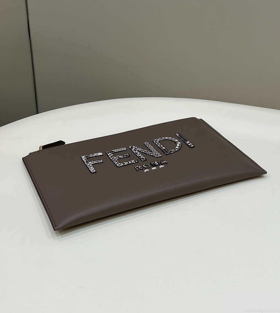 Fendi 8N0178AC9S Fendi logo flat pouch clutch 8370S Gray