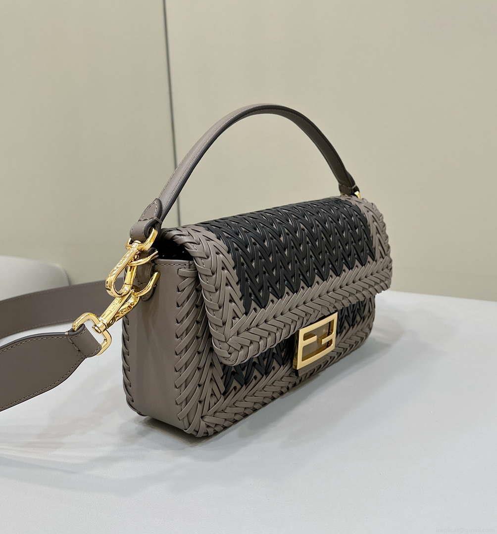 Fendi 8BR600 Baguette Gray and Black interlaced leather and raffia bag 8630