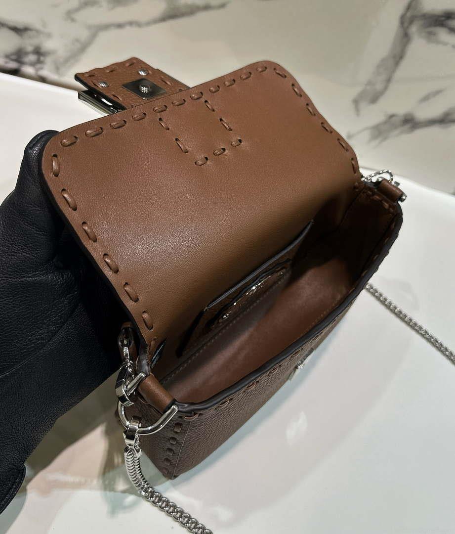 Fendi 8BS017 Baguette Mini Dark Brown Selleria bag with 309 hand-sewn Tpstitches 8610S