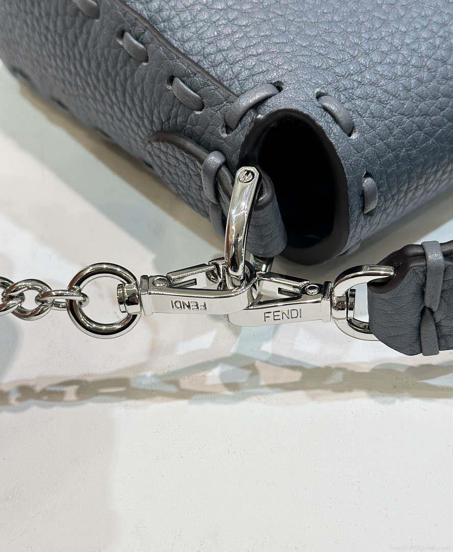 Fendi 8BS017 Baguette Mini Gray Blue Selleria bag with 309 hand-sewn Tpstitches 8610S