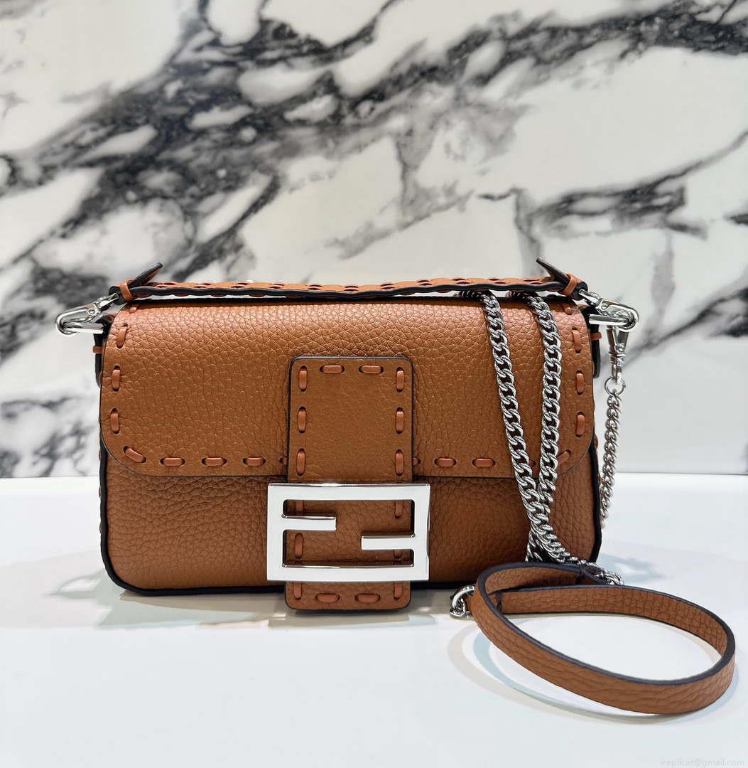 Fendi 8BS017 Baguette Mini Brown Selleria bag with 309 hand-sewn Tpstitches 8610S