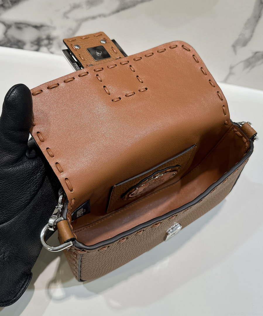 Fendi 8BS017 Baguette Mini Brown Selleria bag with 309 hand-sewn Tpstitches 8610S