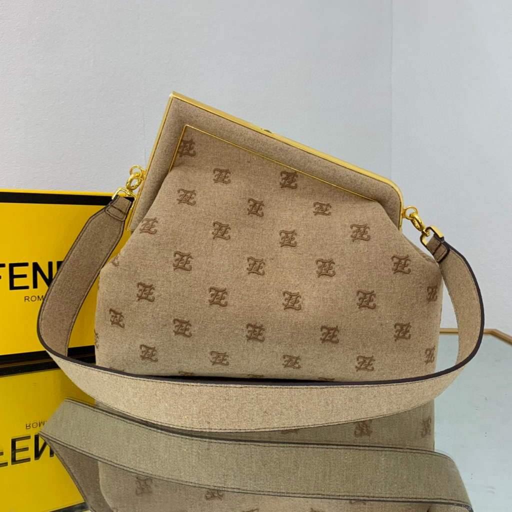 Fendi FIRST Medium Bag Beige flannel bag with embroidery 8BP127