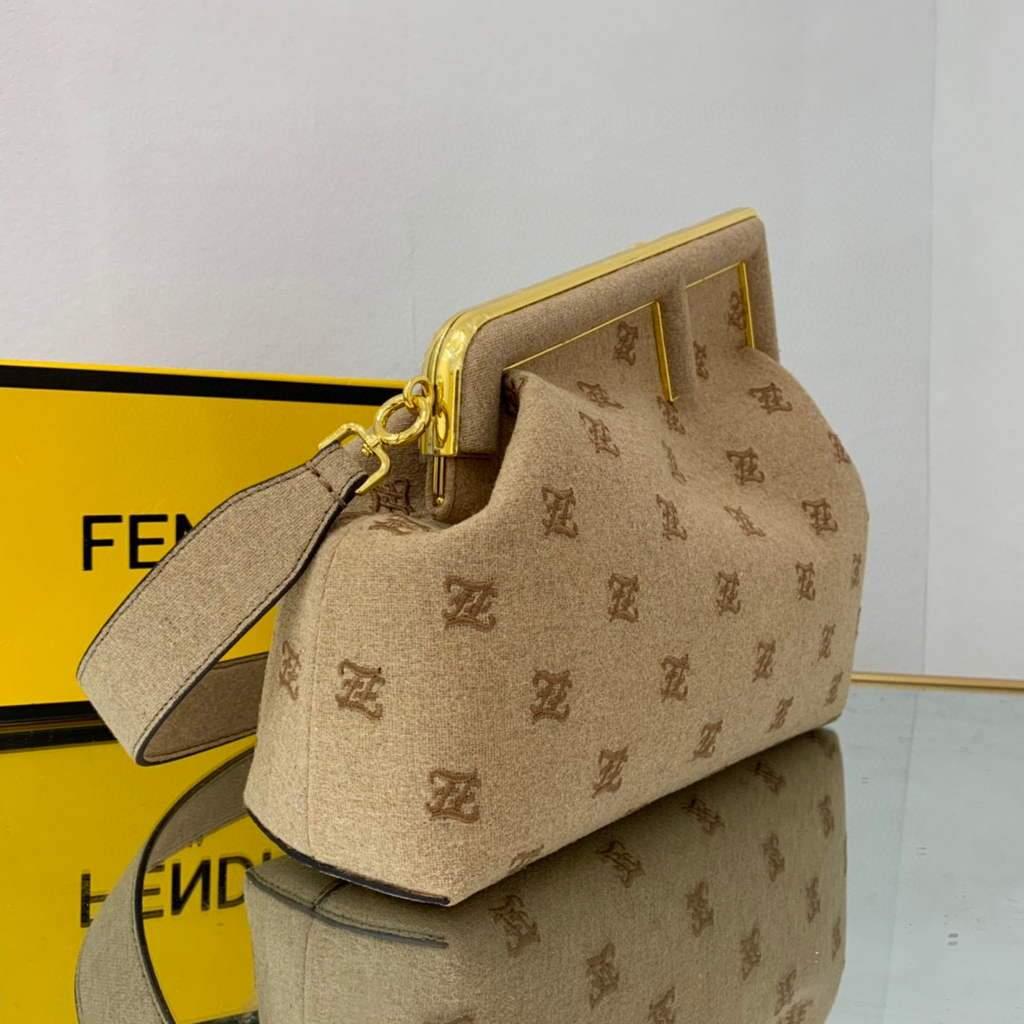 Fendi FIRST Medium Bag Beige flannel bag with embroidery 8BP127