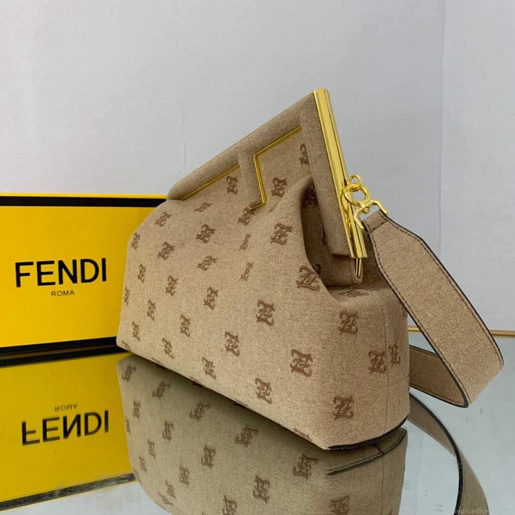 Fendi FIRST Medium Bag Beige flannel bag with embroidery 8BP127