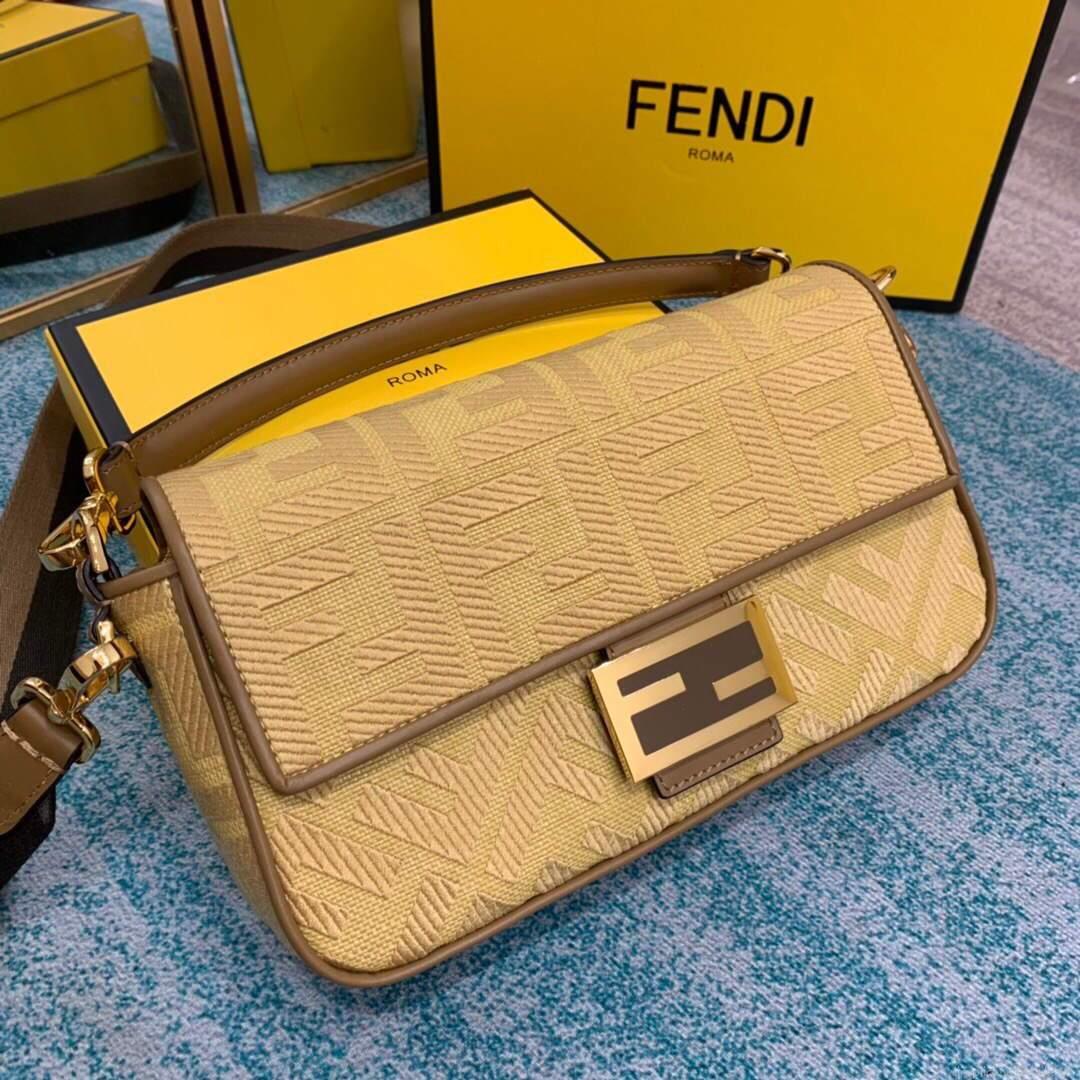 Fendi 8BR600 Baguette Embroidered Canvas Bag Apricot