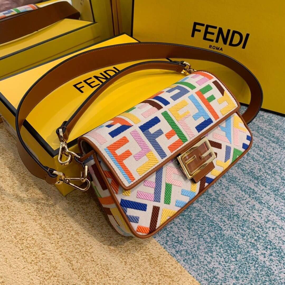 Fendi 8BR600 Baguette Embroidered Canvas Bag Multicolour