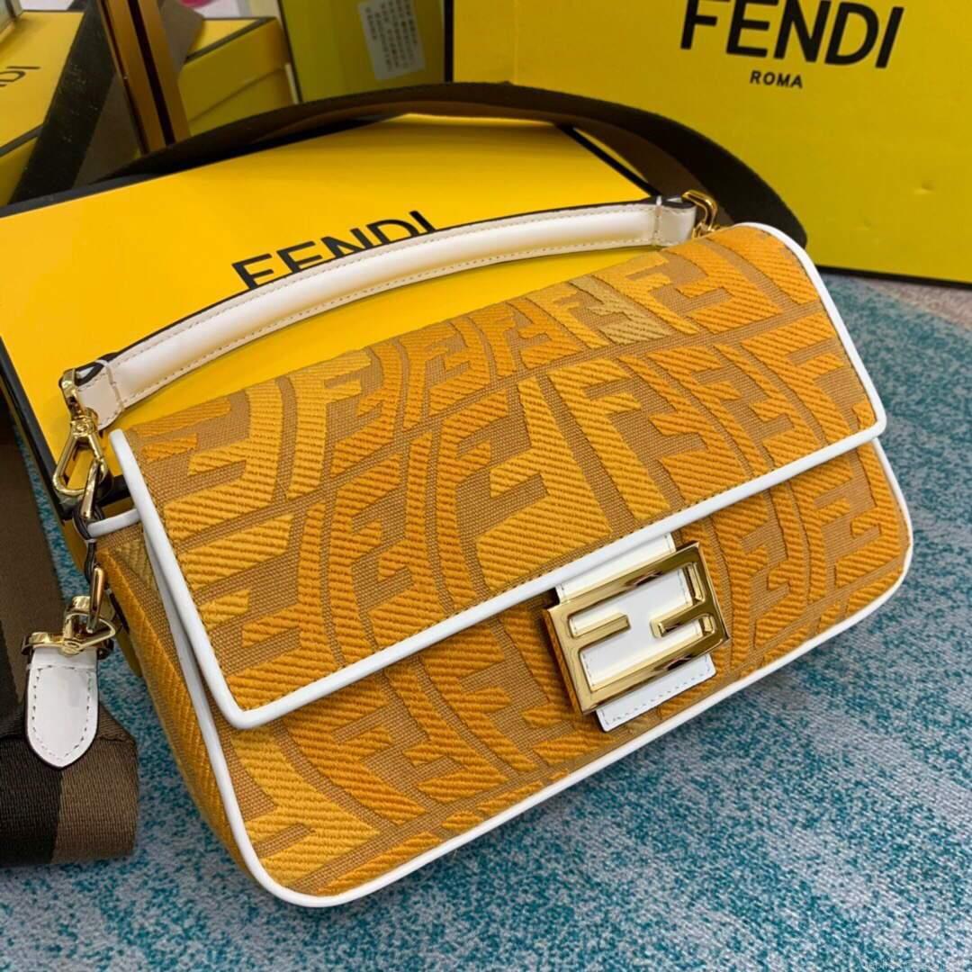 Fendi 8BR600 Baguette Embroidered Canvas Bag Yellow
