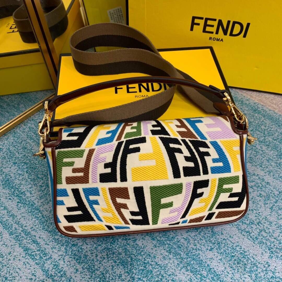 Fendi 8BR600 Baguette Multicolour Embroidered Canvas Bag