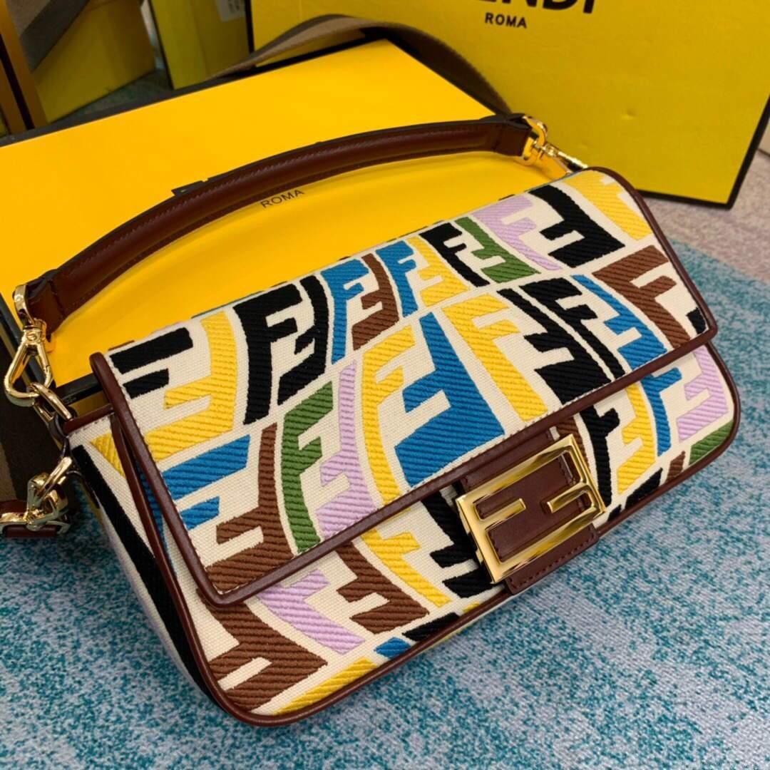 Fendi 8BR600 Baguette Multicolour Embroidered Canvas Bag