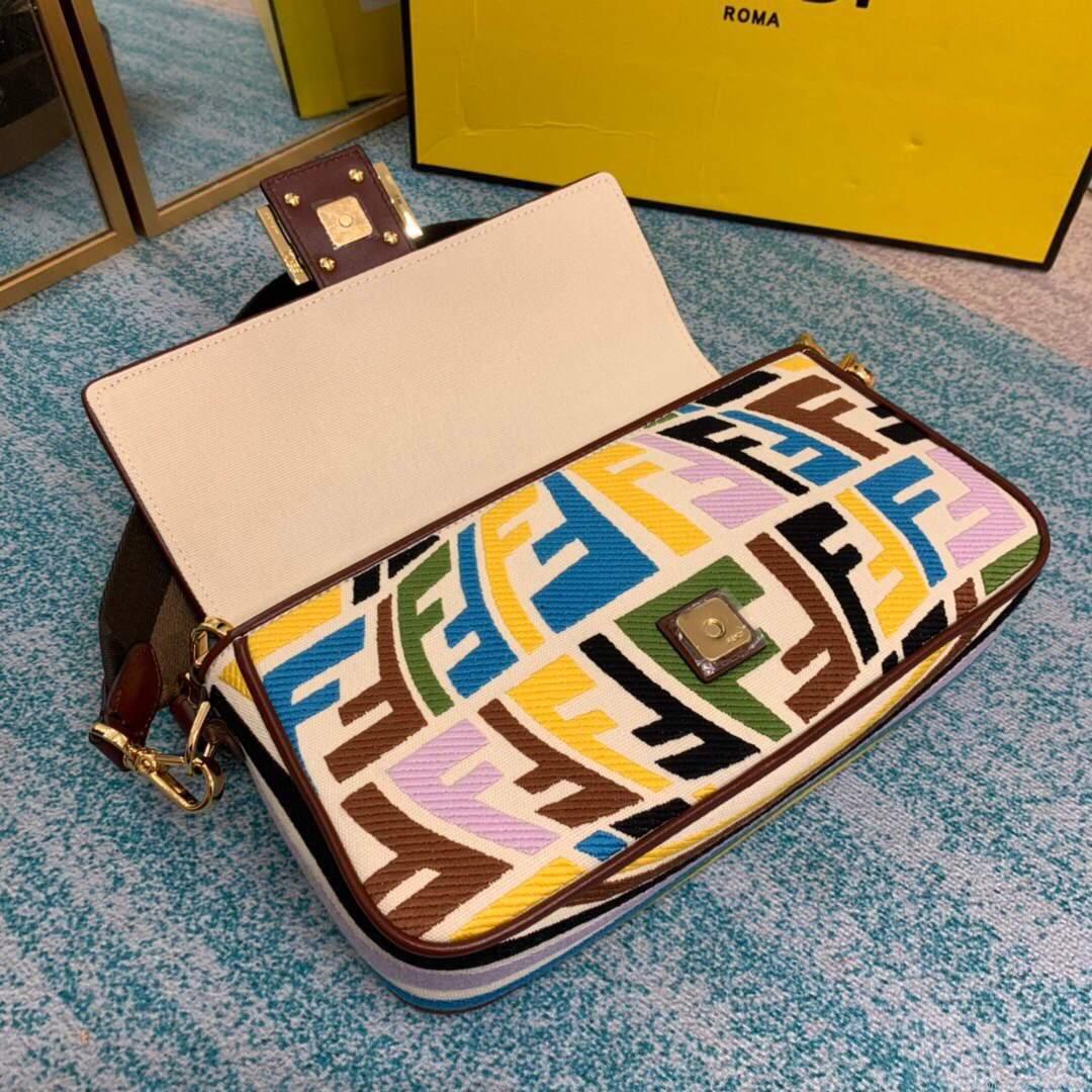Fendi 8BR600 Baguette Multicolour Embroidered Canvas Bag