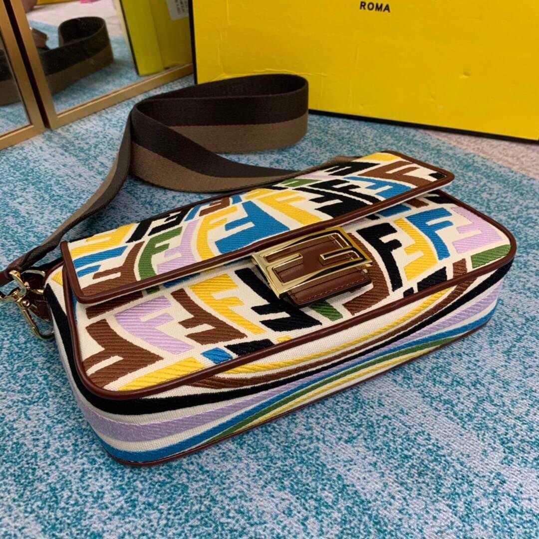 Fendi 8BR600 Baguette Multicolour Embroidered Canvas Bag