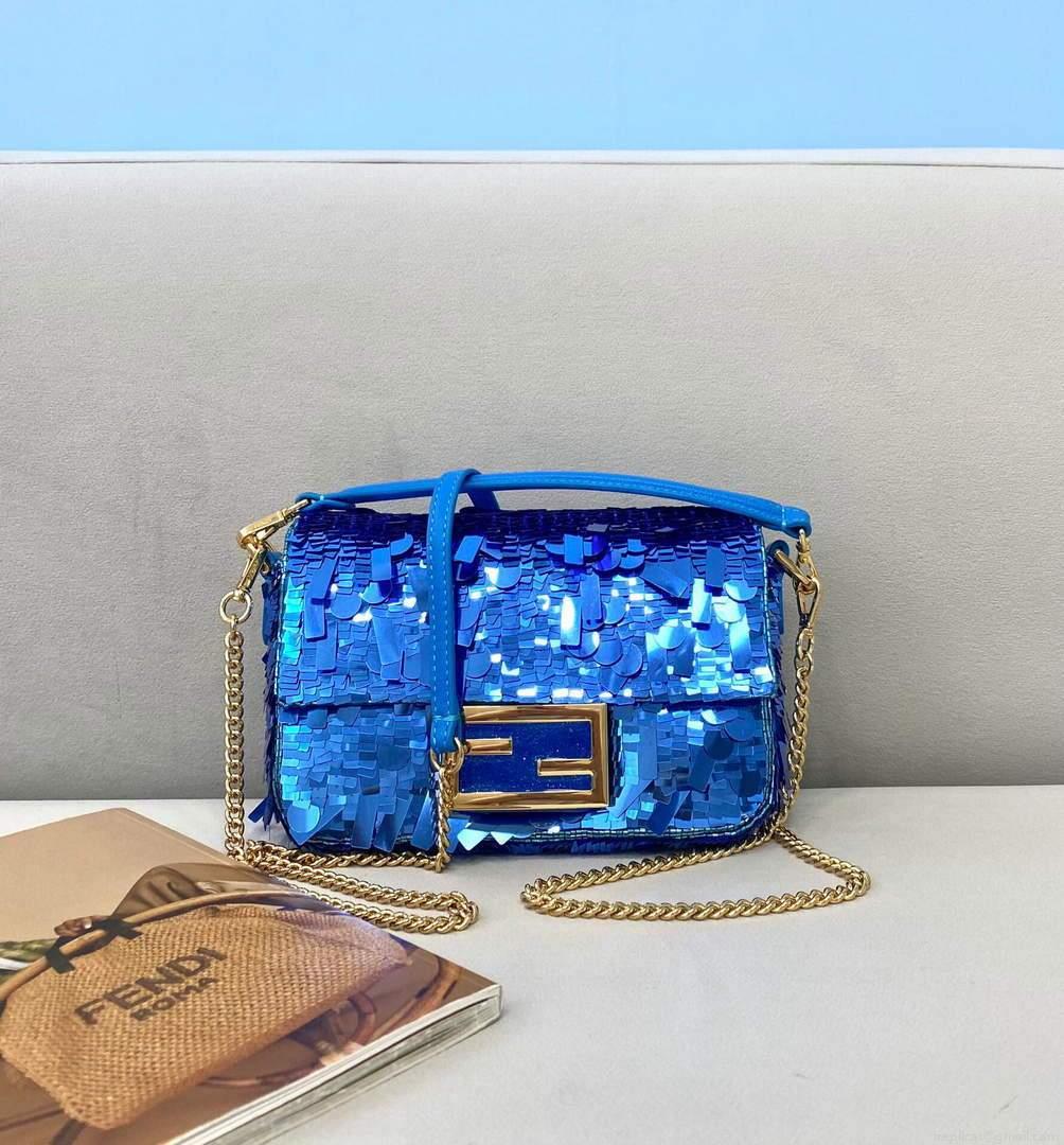 Fendi 8BR792 Medium Baguette 1997 Blue Satin Bag with Sequins 0127L