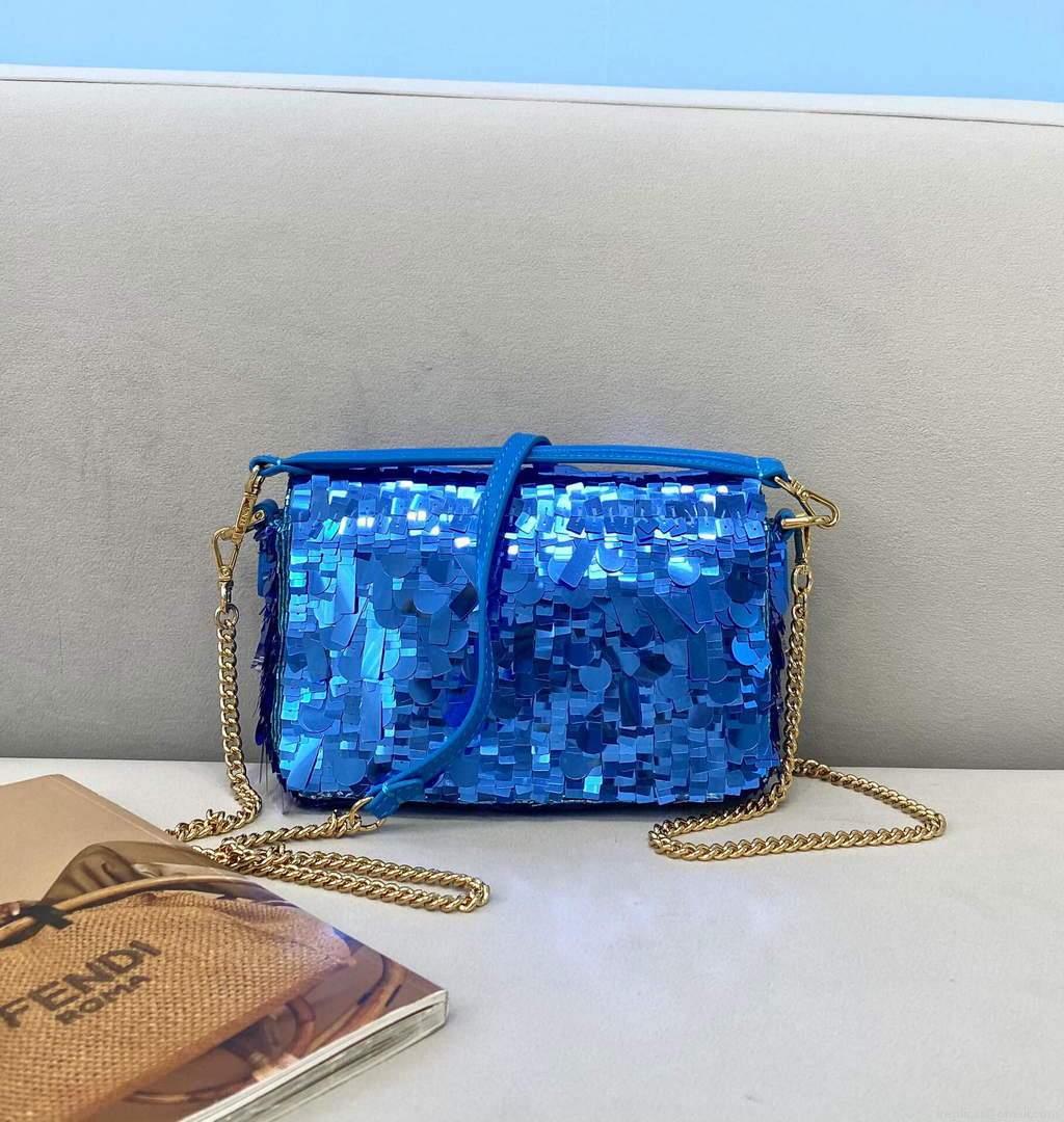 Fendi 8BR792 Medium Baguette 1997 Blue Satin Bag with Sequins 0127L