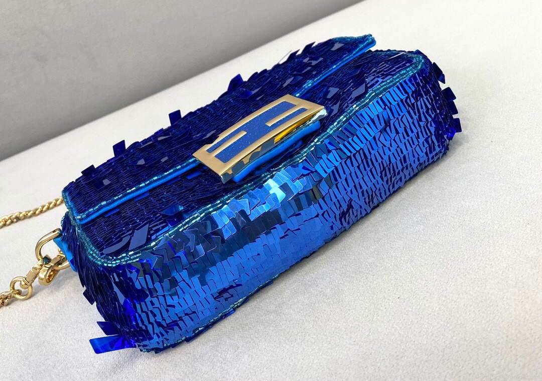 Fendi 8BR792 Medium Baguette 1997 Blue Satin Bag with Sequins 0127L