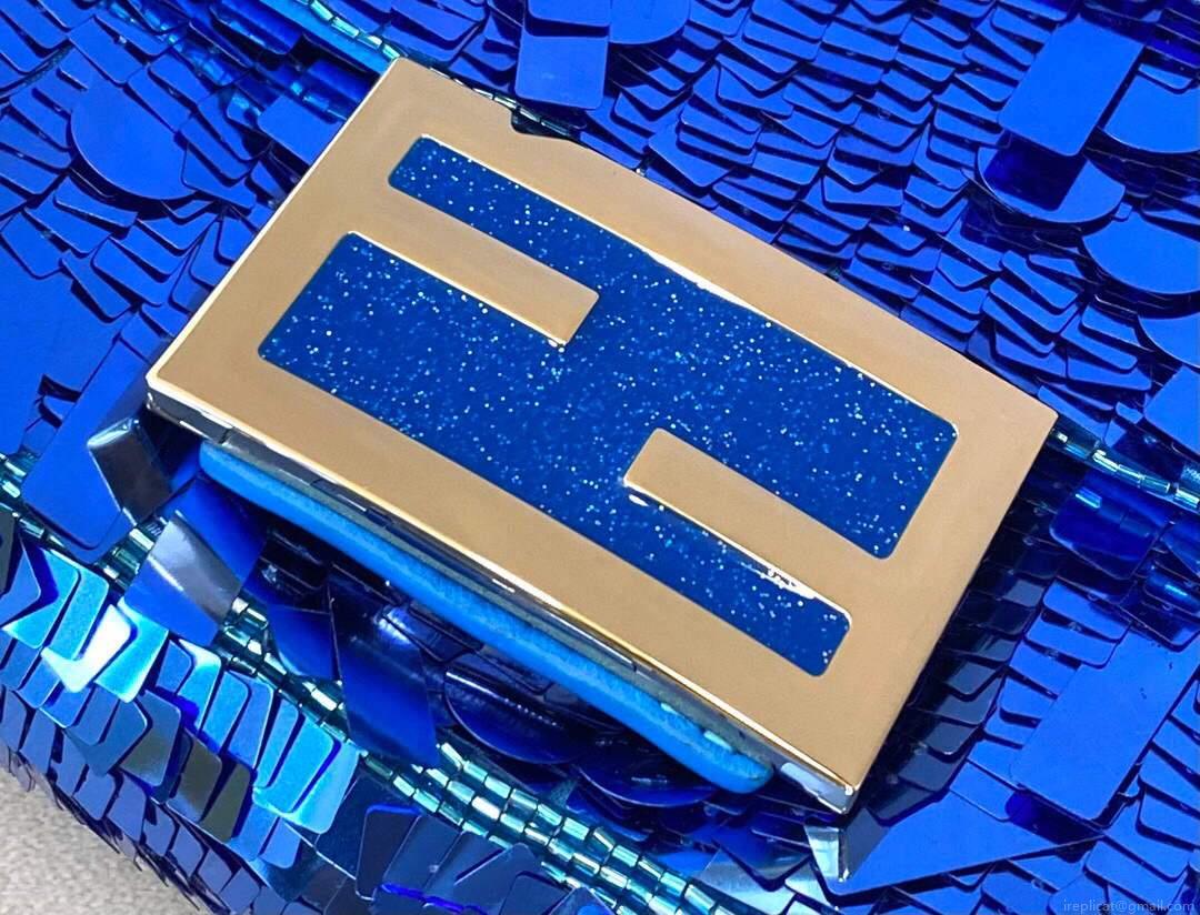 Fendi 8BR792 Medium Baguette 1997 Blue Satin Bag with Sequins 0127L