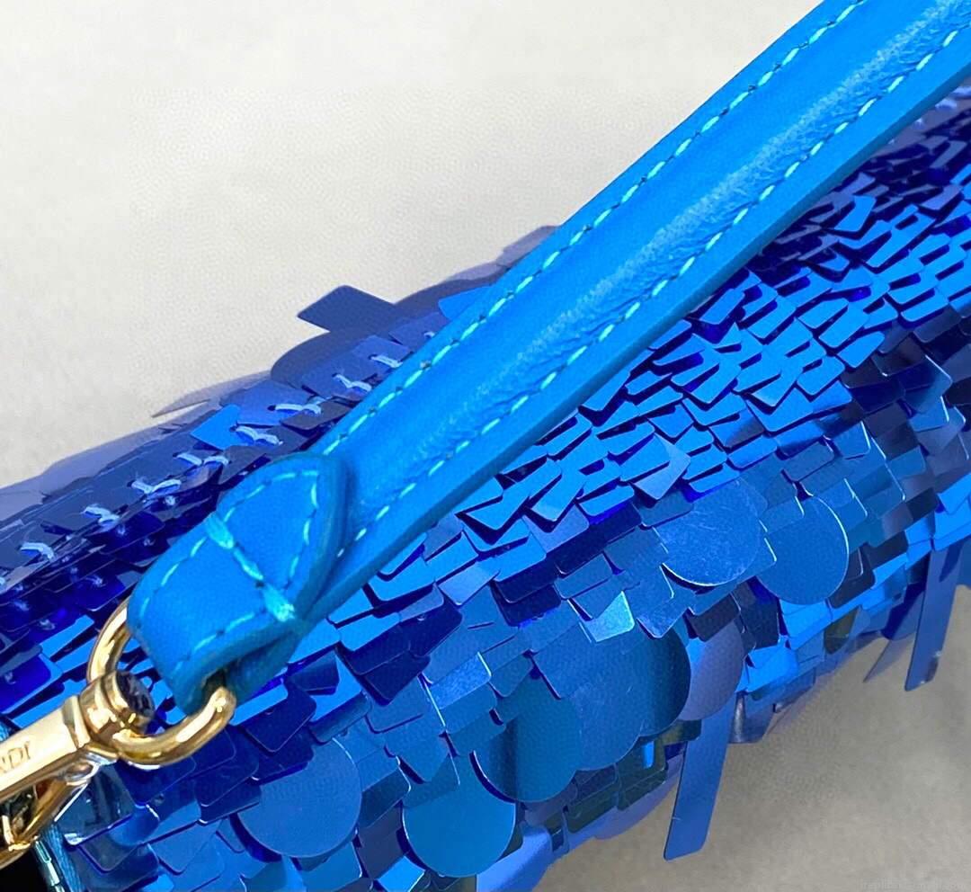 Fendi 8BR792 Medium Baguette 1997 Blue Satin Bag with Sequins 0127L