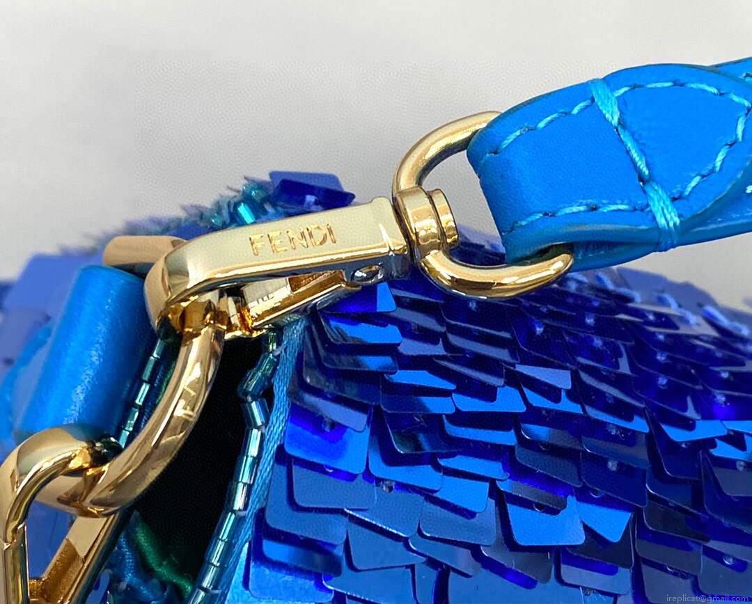 Fendi 8BR792 Medium Baguette 1997 Blue Satin Bag with Sequins 0127L