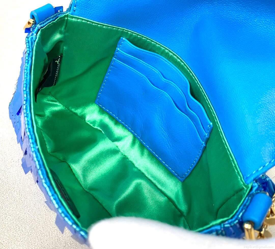 Fendi 8BR792 Medium Baguette 1997 Blue Satin Bag with Sequins 0127L