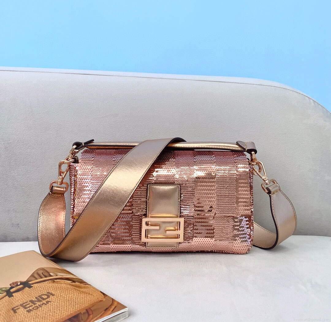 Fendi 8BR792 Medium Baguette 1997 Pink Satin Bag with Sequins 0127L