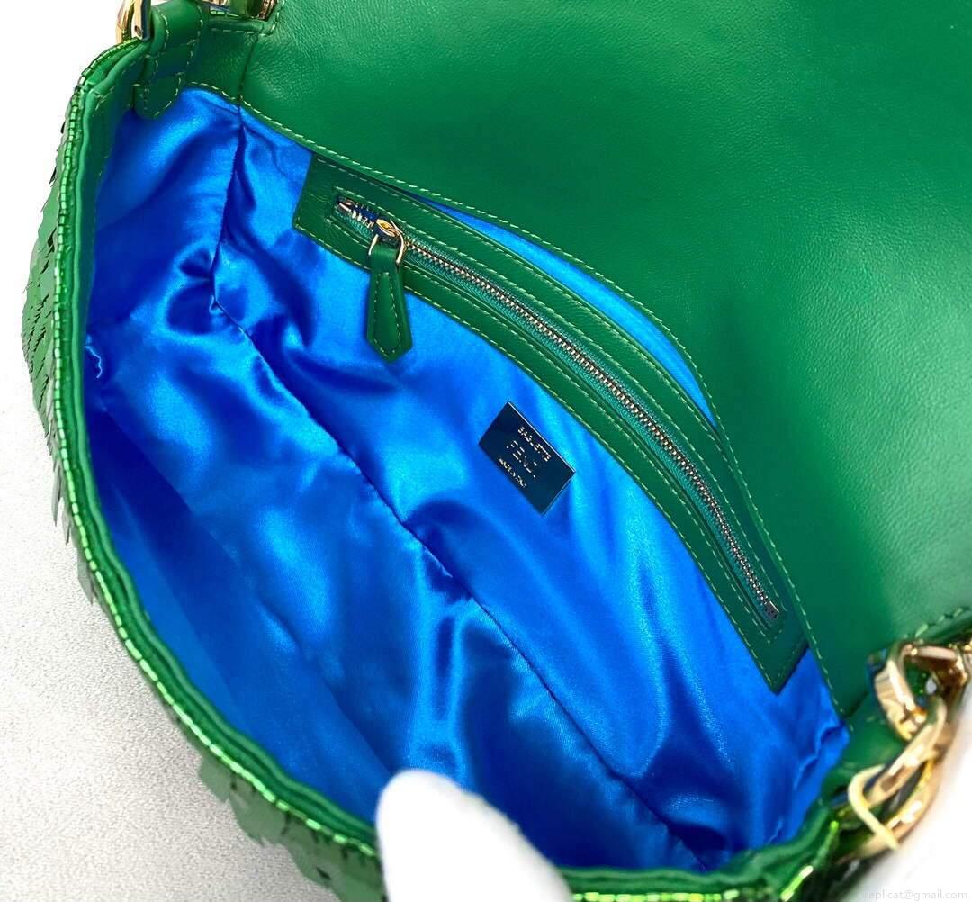 Fendi 8BS049 Mini Baguette 1997 Green Satin Bag with Sequins 0127S