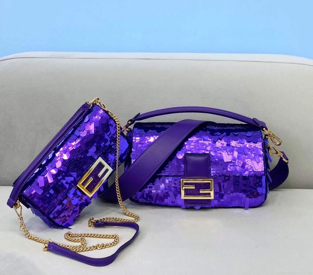 Fendi 8BR792 Medium Baguette 1997 Purple Satin Bag with Sequins 0127L