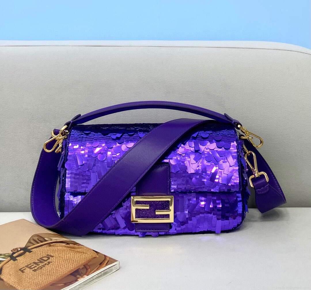 Fendi 8BR792 Medium Baguette 1997 Purple Satin Bag with Sequins 0127L