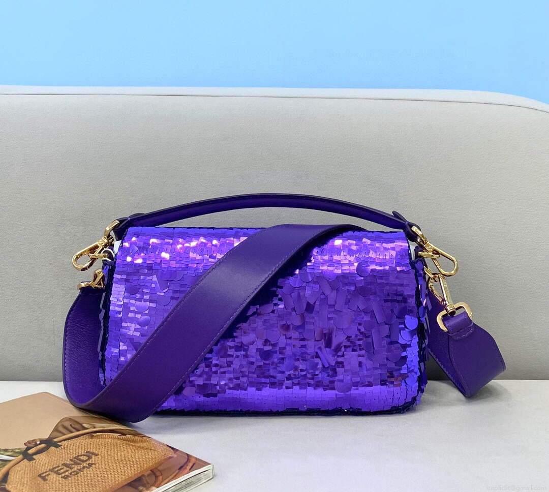 Fendi 8BR792 Medium Baguette 1997 Purple Satin Bag with Sequins 0127L